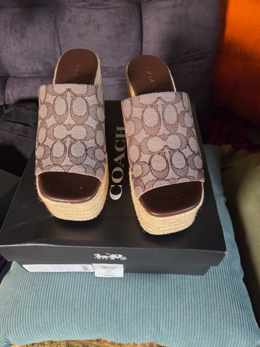 COACH Signature Jacquard Logo Espadrille Platform Wedge Slide Sandals size 8